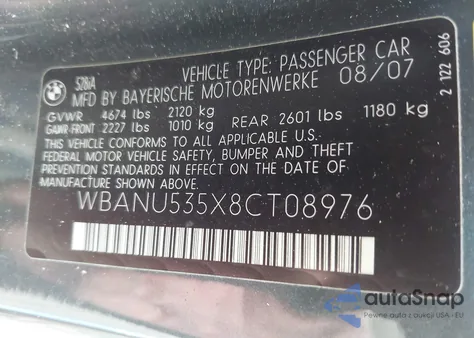 2008 BMW 528I z USA, uszkodzony, nr VIN WBANU535X8CT08976